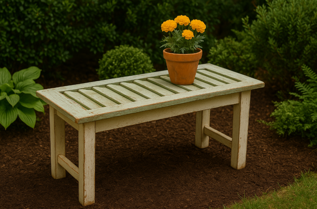 banc de jardin avec un vieux volet
