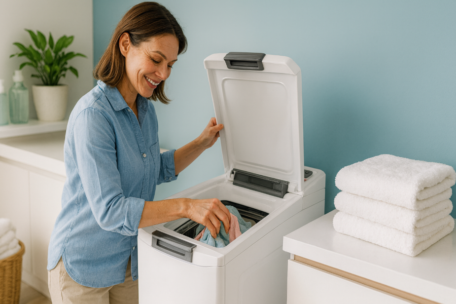 une femme charge son hoover h wash 500 tho286tm5 s