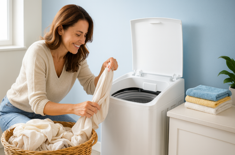 une femme utilise la machine goplus 4,5 kg pour son linge