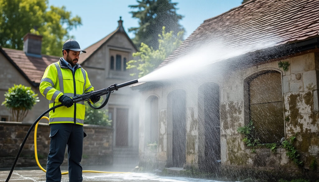 j net gros travaux : nettoyant puissant spécialement conçu pour nettoyer en profondeur vos façades et toitures, éliminant saleté, moisissures et pollution pour un résultat impeccable.